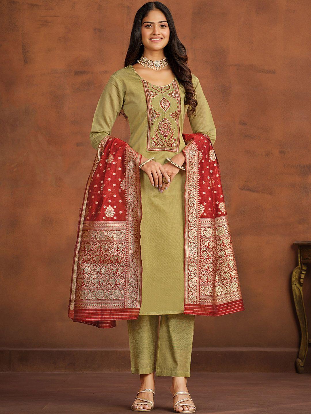 ishin ethnic motifs yoke design thread work straight kurta & trousers with dupatta