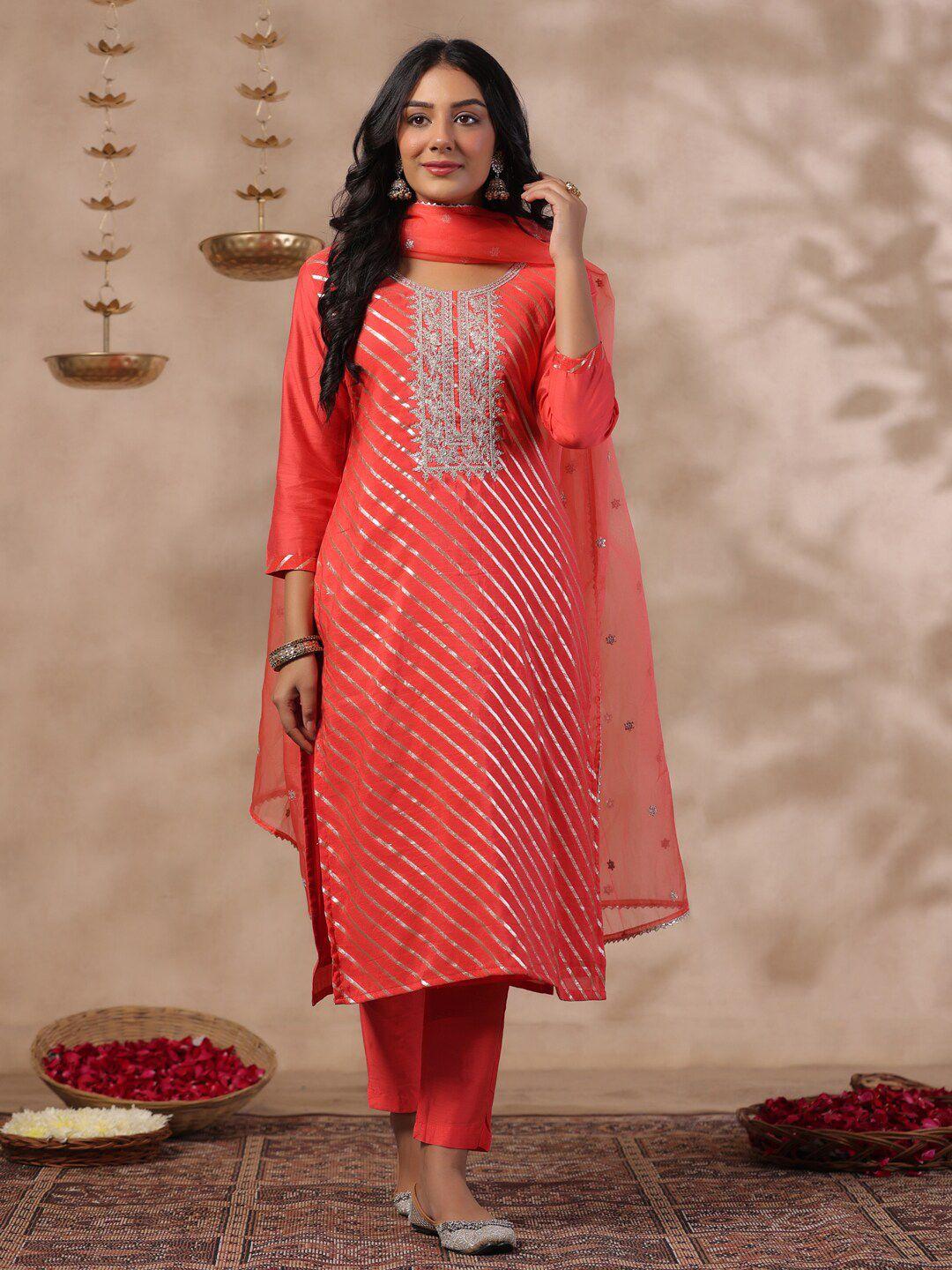 ishin ethnic motifs zari embroidered round neck pure silk kurta with trousers & dupatta