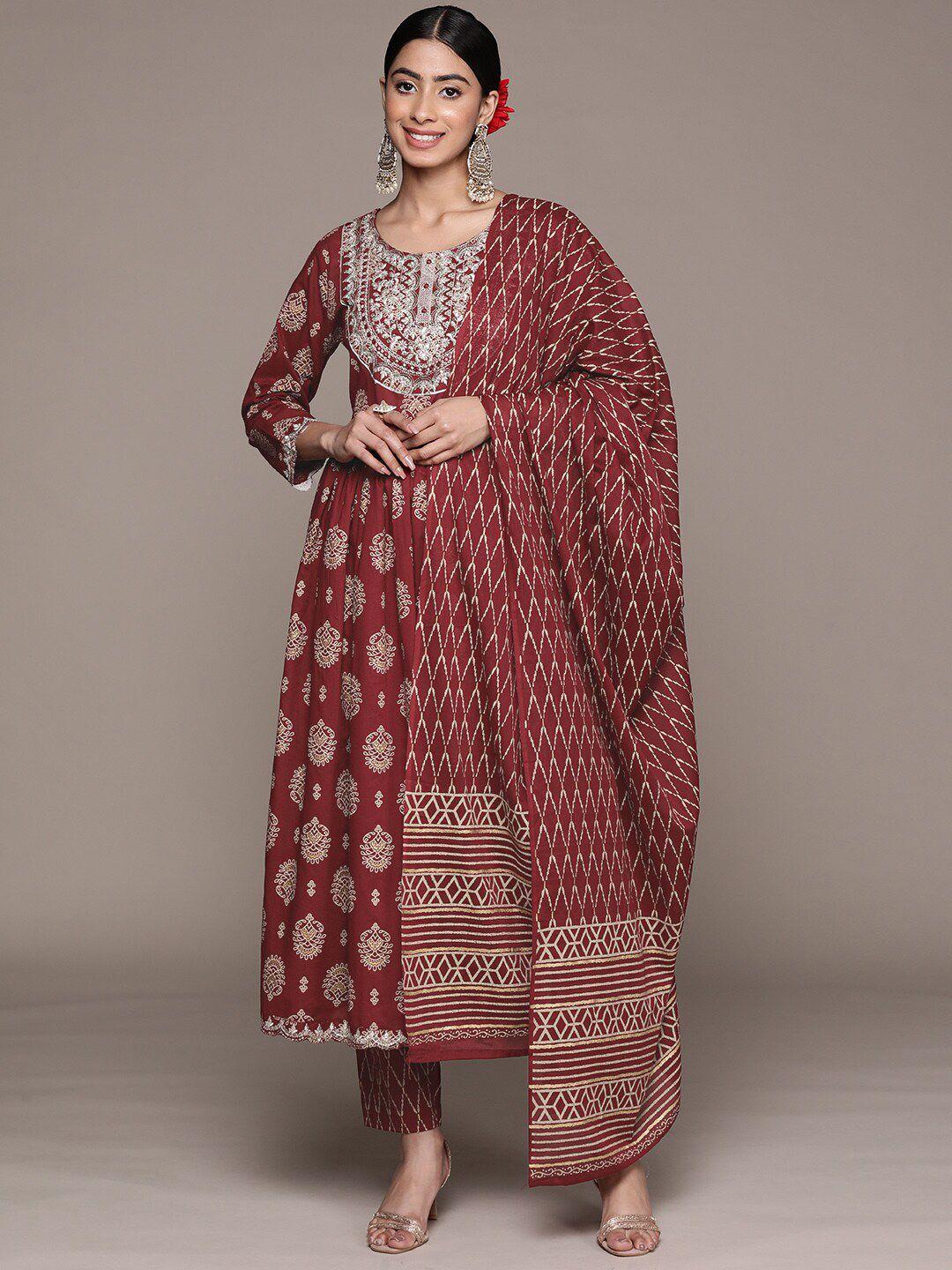 ishin ethnic printed zari mirror work anarkali pure cotton kurta with trousers & dupatta