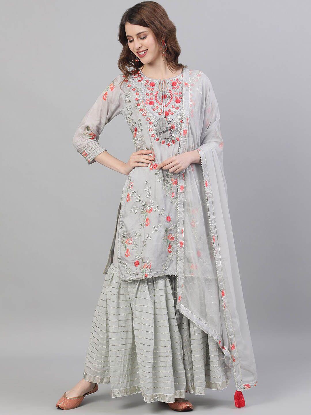 ishin floral embroidered mirror work pure silk kurta with sharara & dupatta