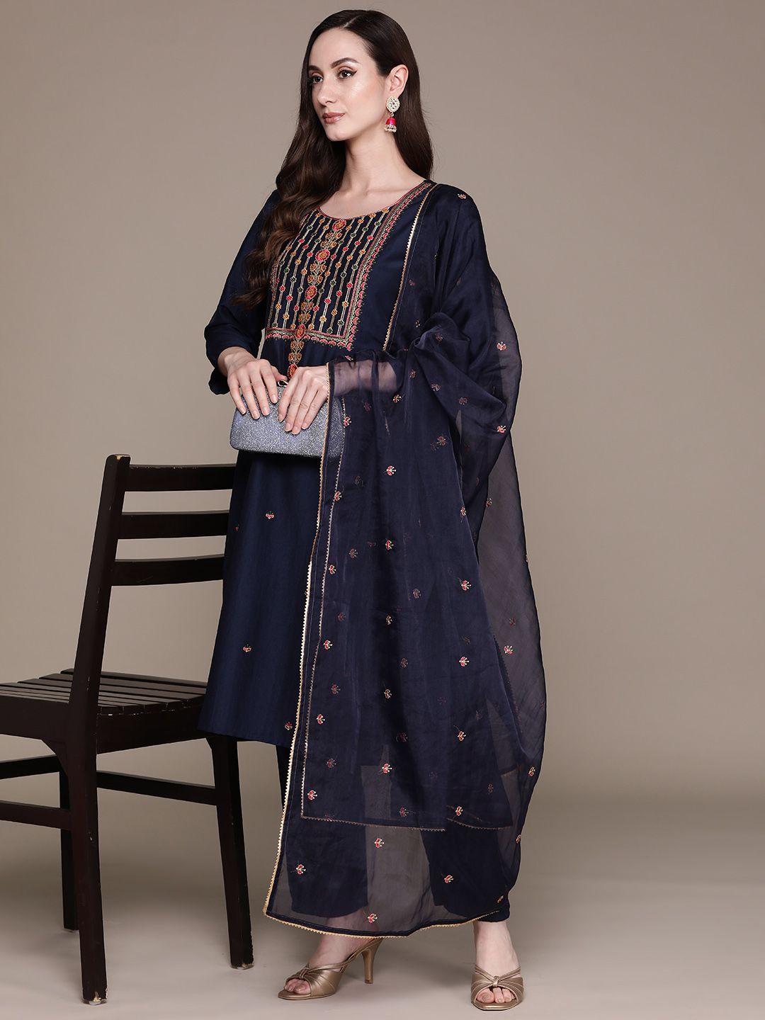 ishin floral embroidered regular kurta with trousers & with dupatta