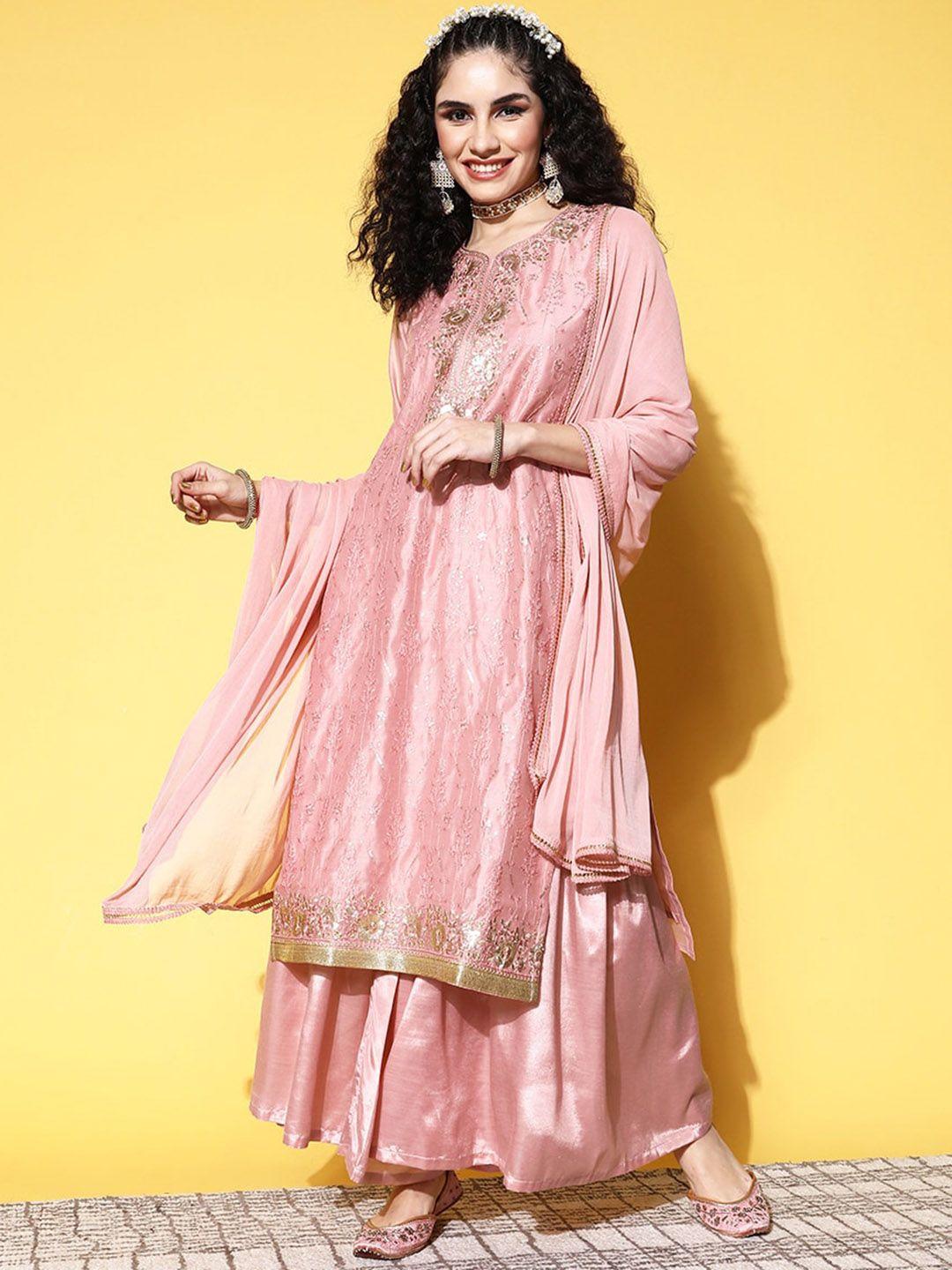 ishin floral embroidered regular sequinned chanderi silk kurta with sharara & dupatta