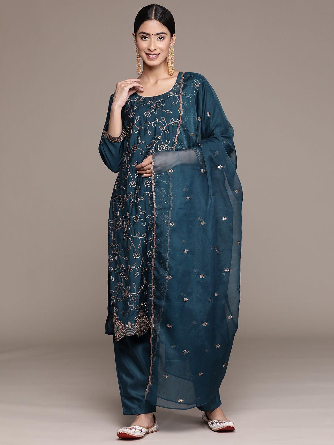 ishin floral embroidered regular sequinned kurta with trousers & dupatta