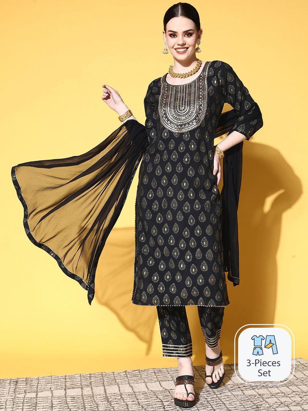 ishin floral embroidered regular sequinned kurta with trousers & dupatta