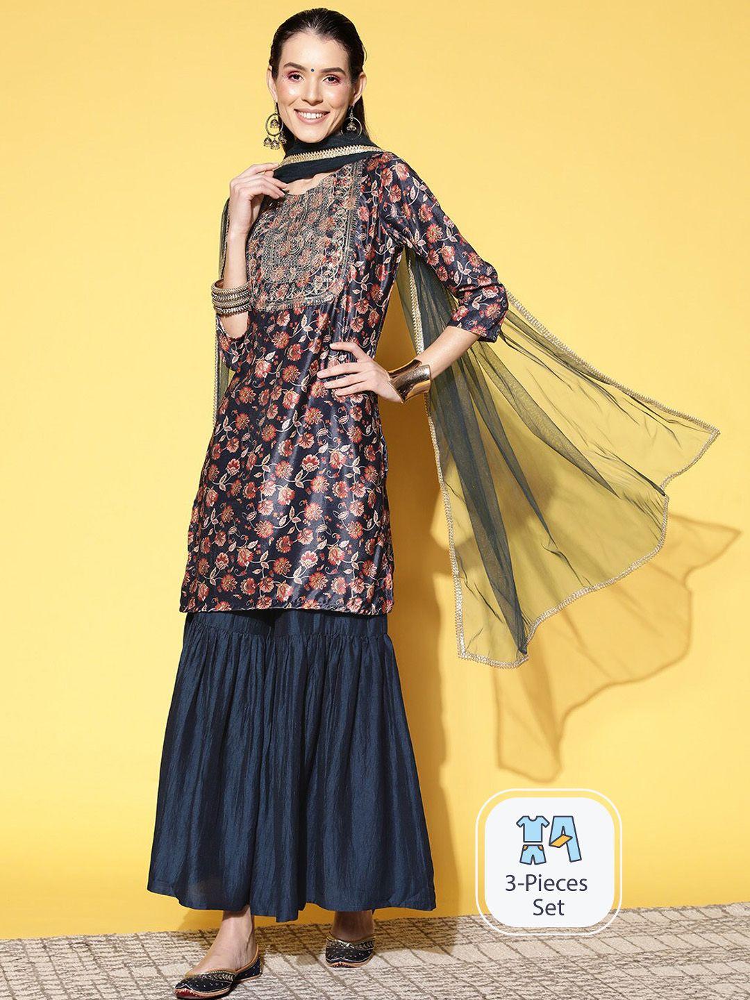 ishin floral embroidered regular velvet kurta with sharara & dupatta