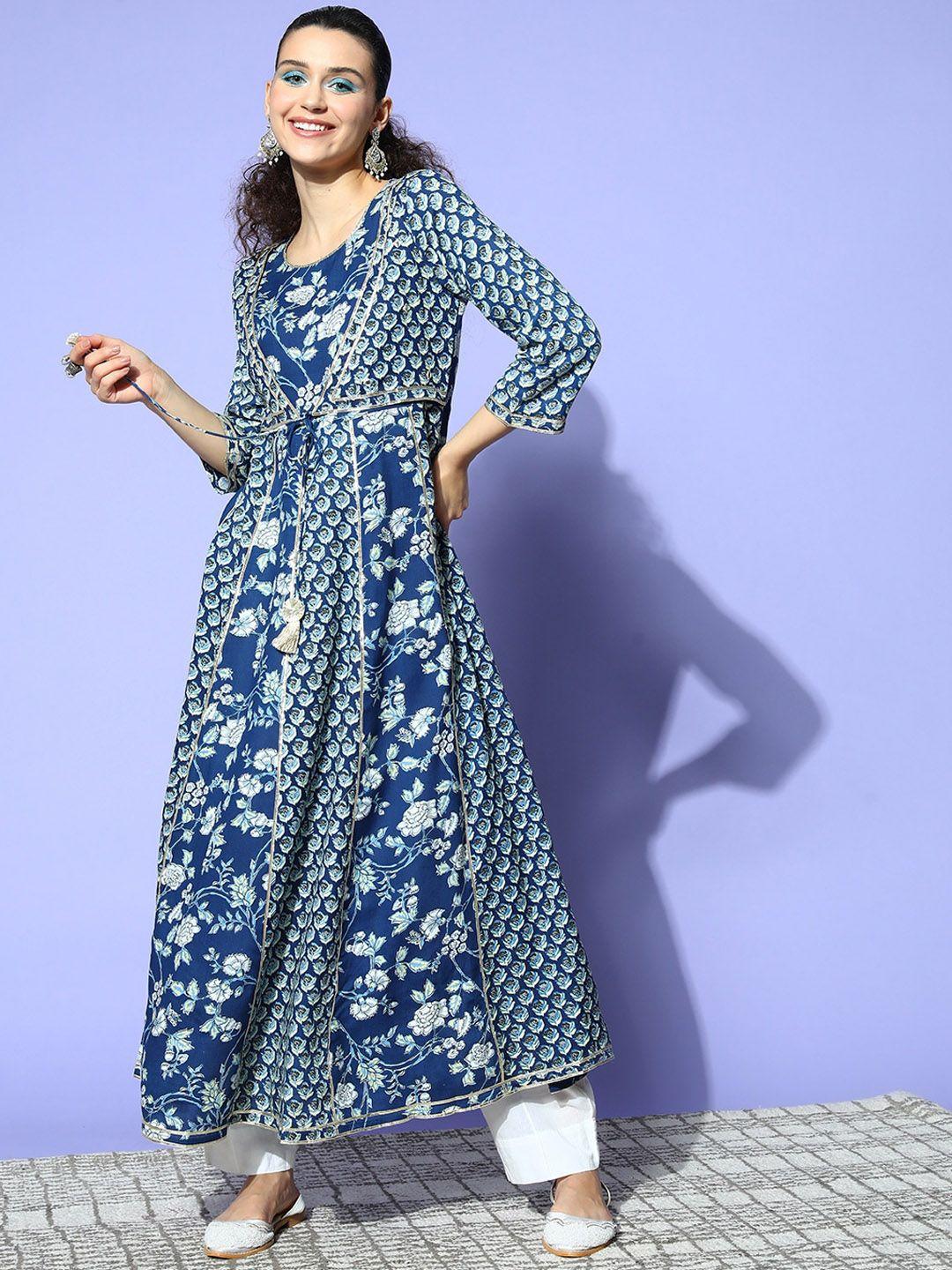 ishin floral floral printed gotta patti block print cotton anarkali kurta