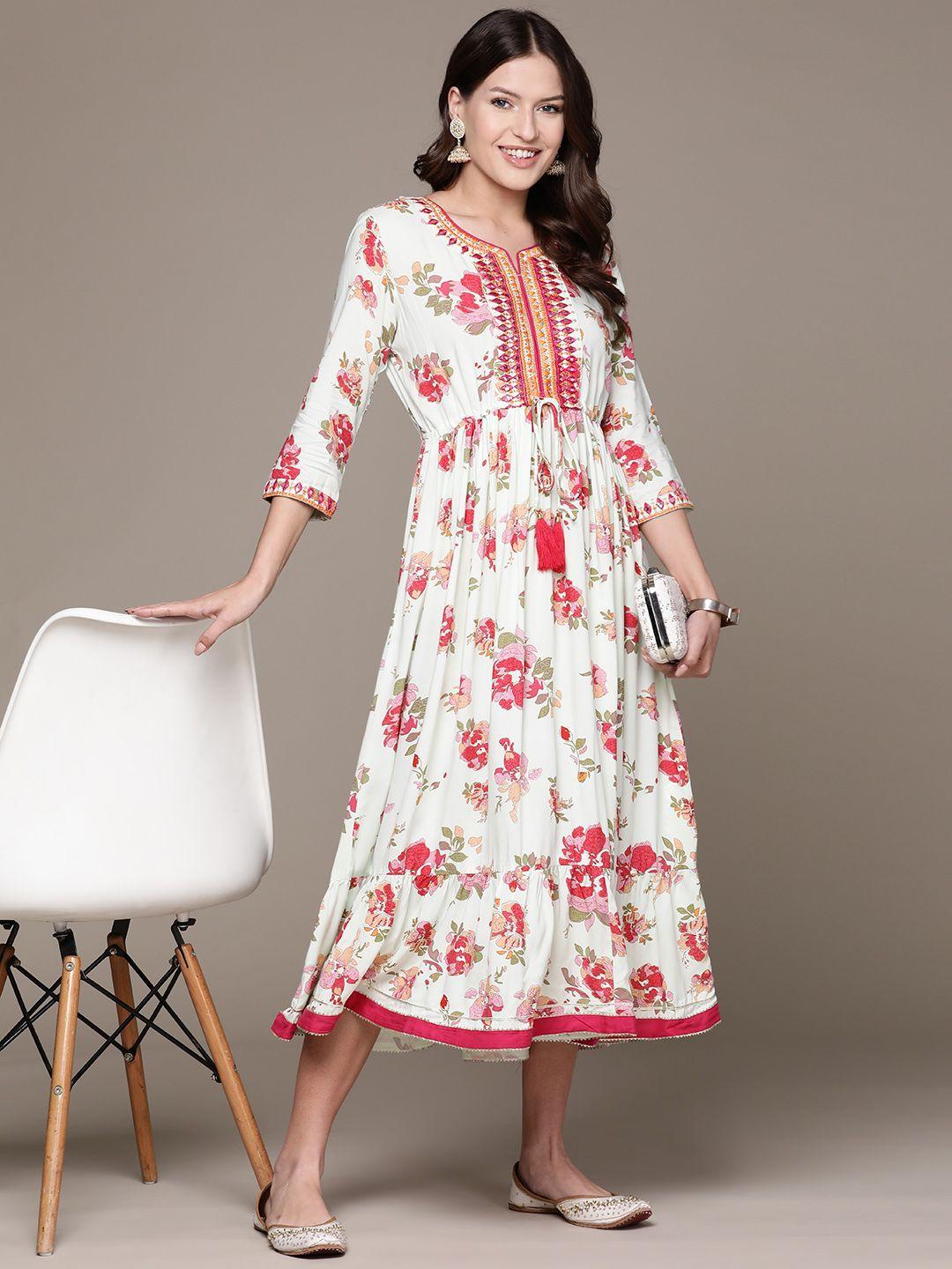 ishin floral print fit & flare midi ethnic dress with tie-ups detail