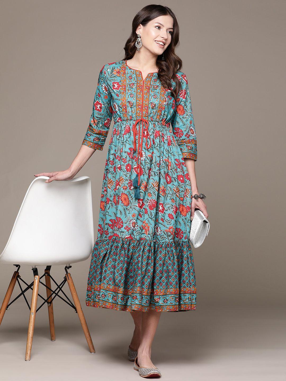 ishin floral print pure cotton fit & flare midi ethnic dress with tie-ups detail