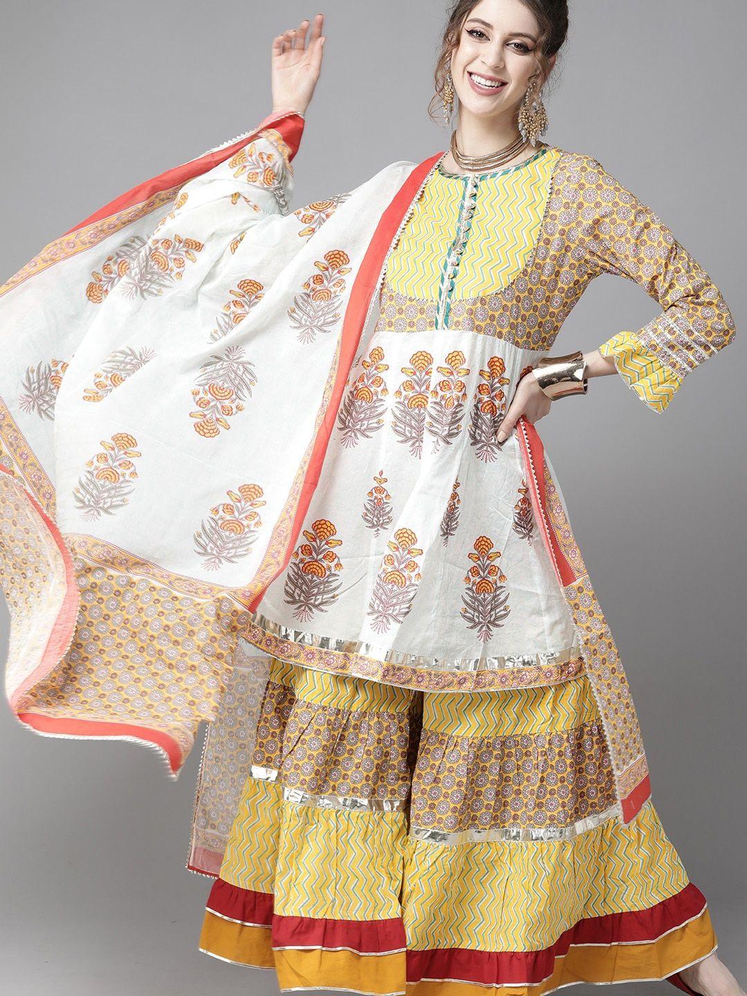 ishin floral printed empire gotta patti pure cotton kurta with sharara & with dupatta