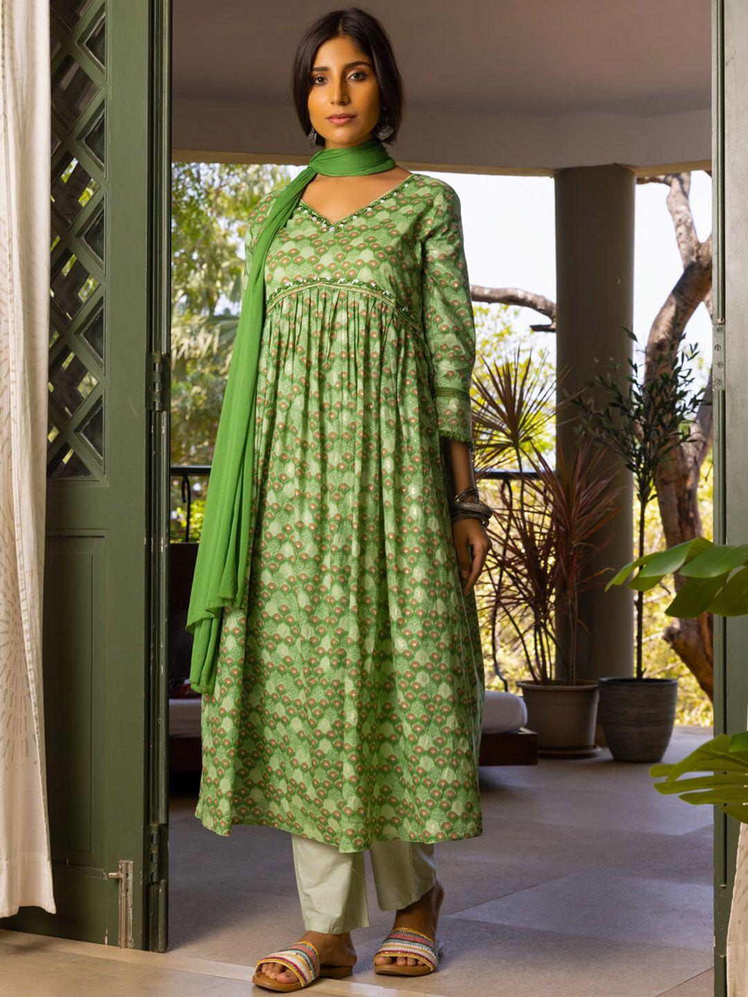 ishin floral printed empire thread work pure cotton a-line kurta & trouser with dupatta