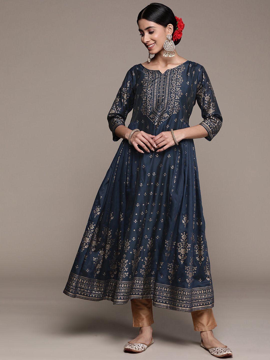 ishin floral printed indigo silk blend anarkali kurta