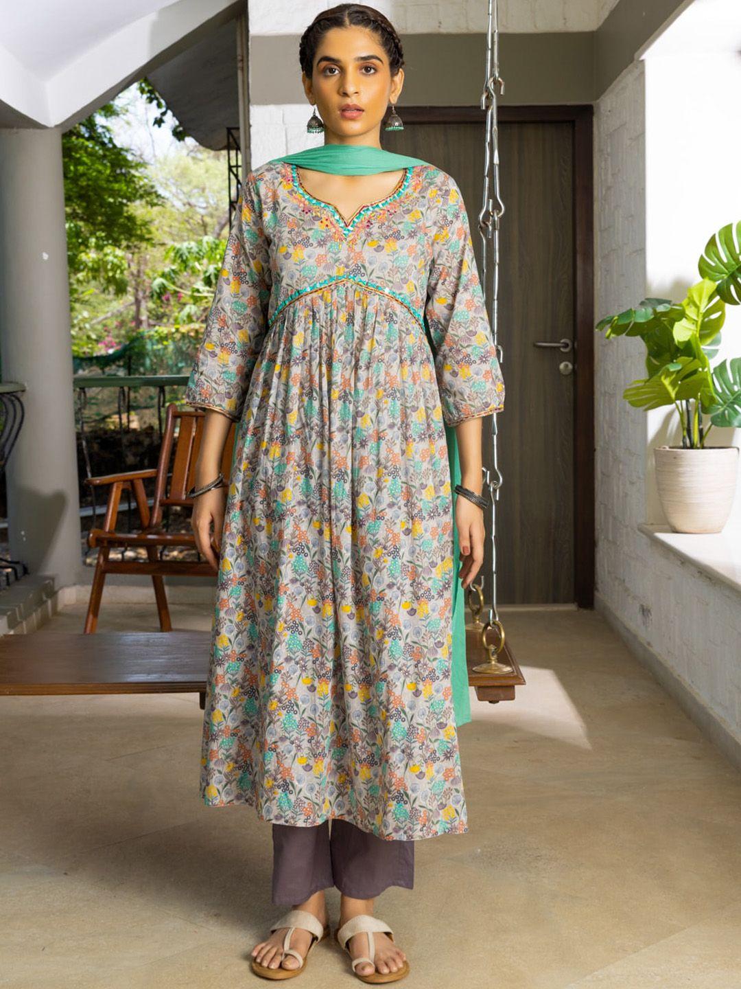 ishin floral printed linen anarkali kurta with palazzos & with dupatta