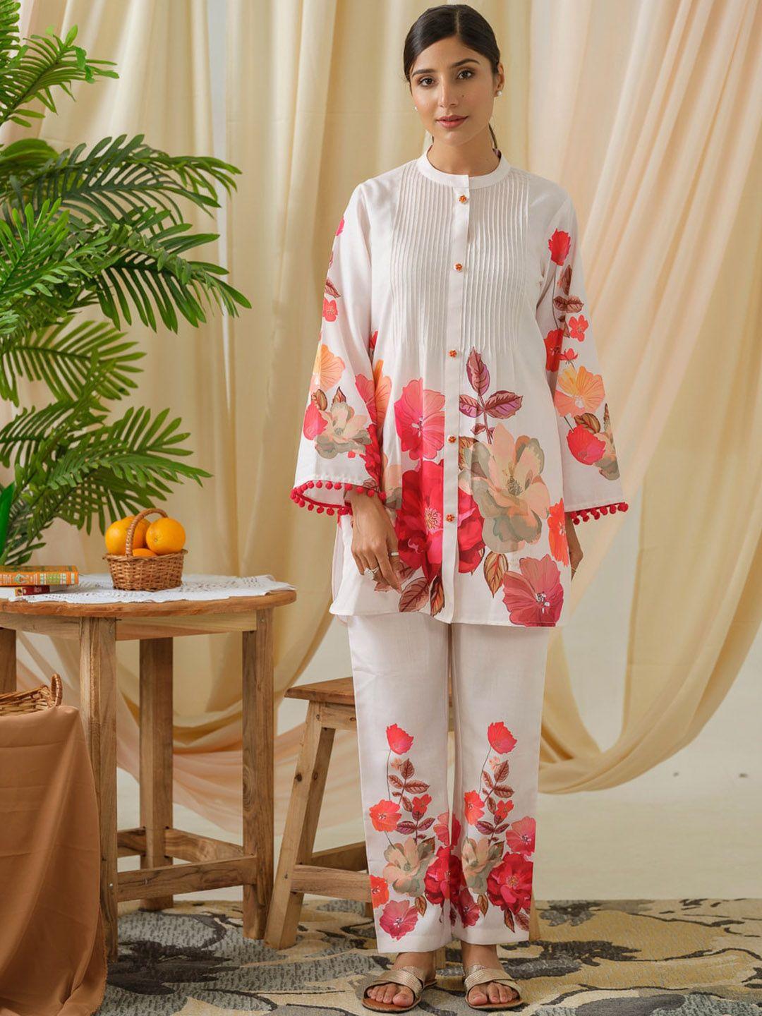 ishin floral printed mandarin collar linen tunic with trousers