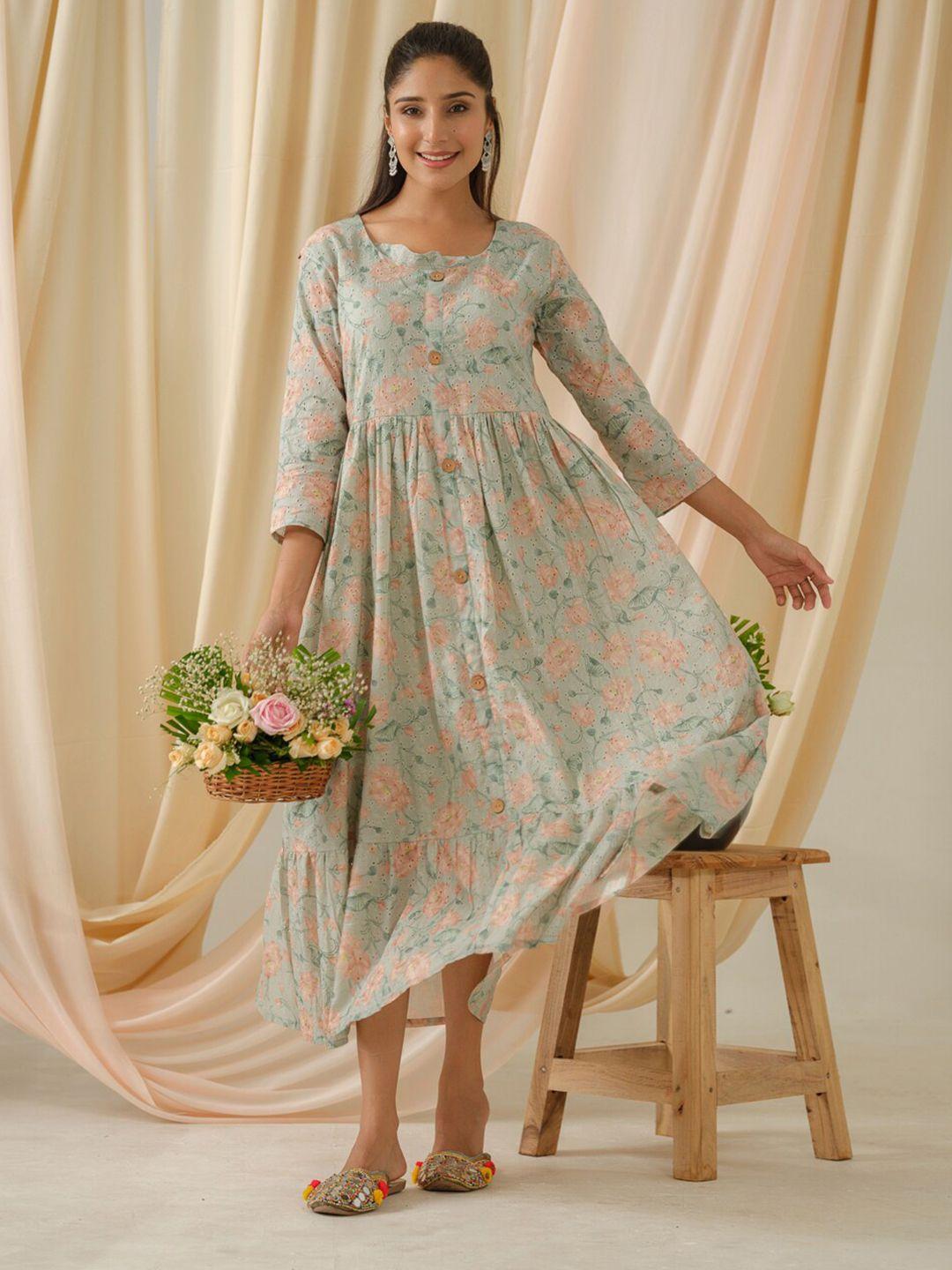 ishin floral printed pleated schiffli flounce hem fit & flare cottton midi dress