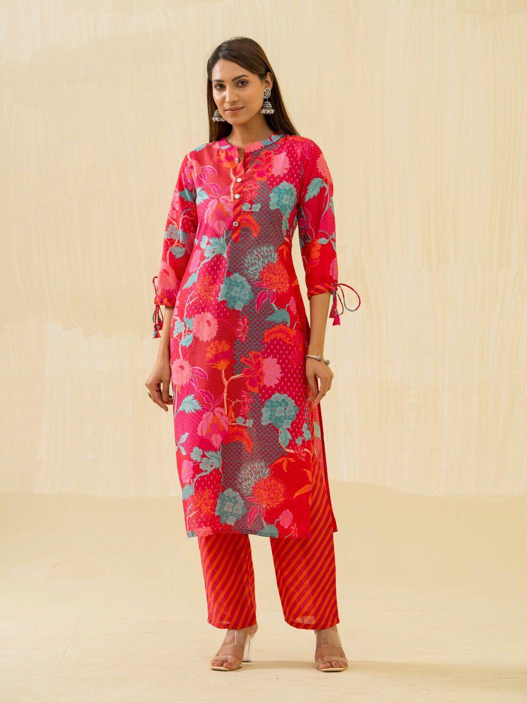 ishin floral printed regular cotton kurta with trousers