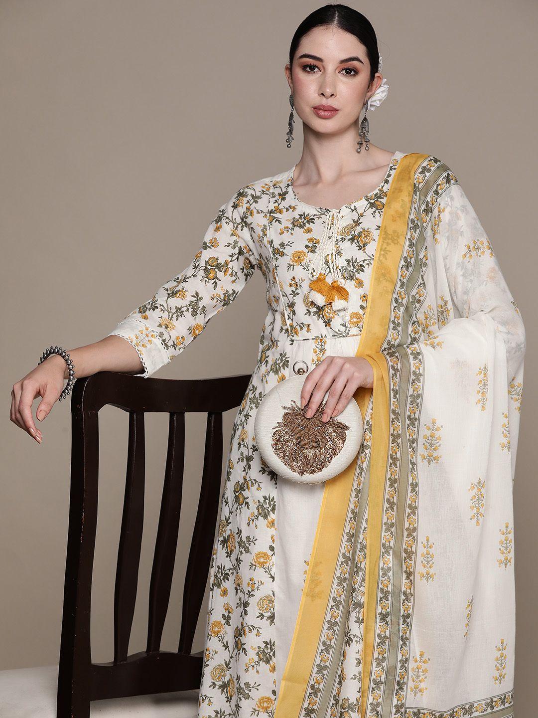 ishin floral printed regular mirror work pure cotton kurta with trousers & with dupatta