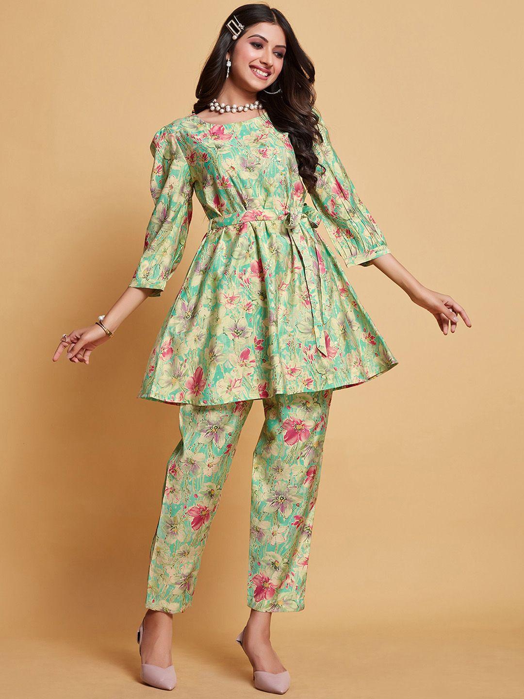 ishin floral printed round neck tunic & trouser