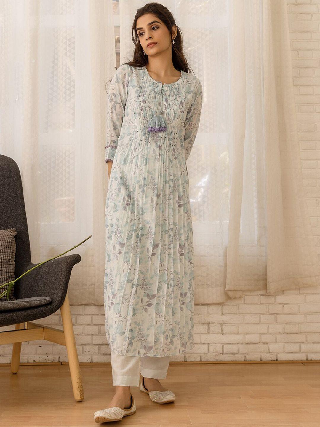 ishin floral printed sequinned kurta & trousers with dupatta