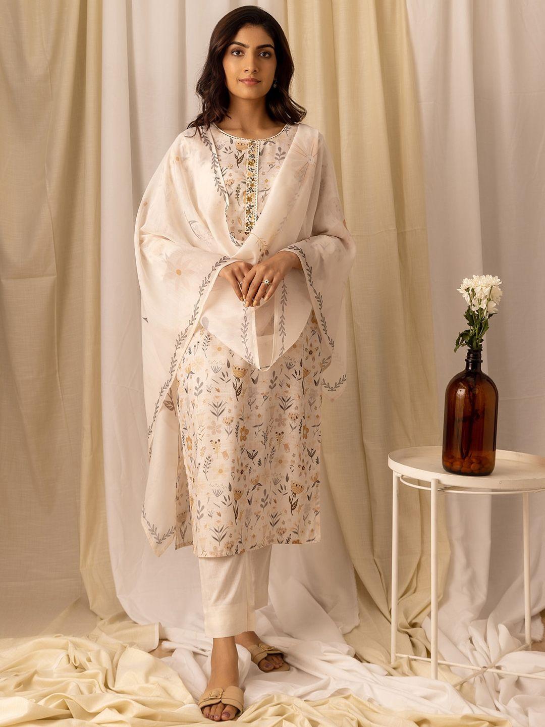 ishin floral printed sequinned linen straight kurta with trousers & dupatta