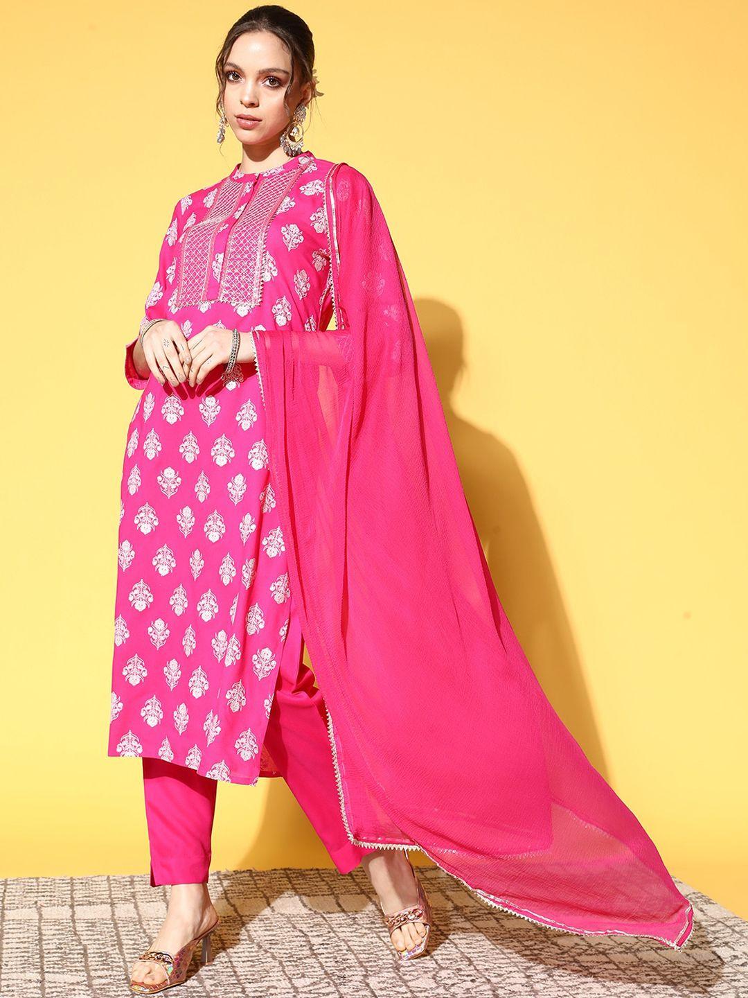 ishin floral printed sequinned pure cotton kurta with trousers & dupatta