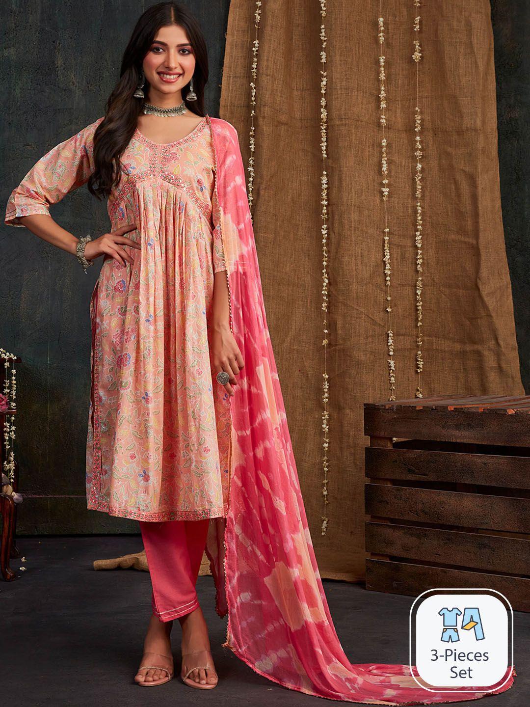 ishin floral printed thread work pure cotton a-line kurta & trouser with dupatta