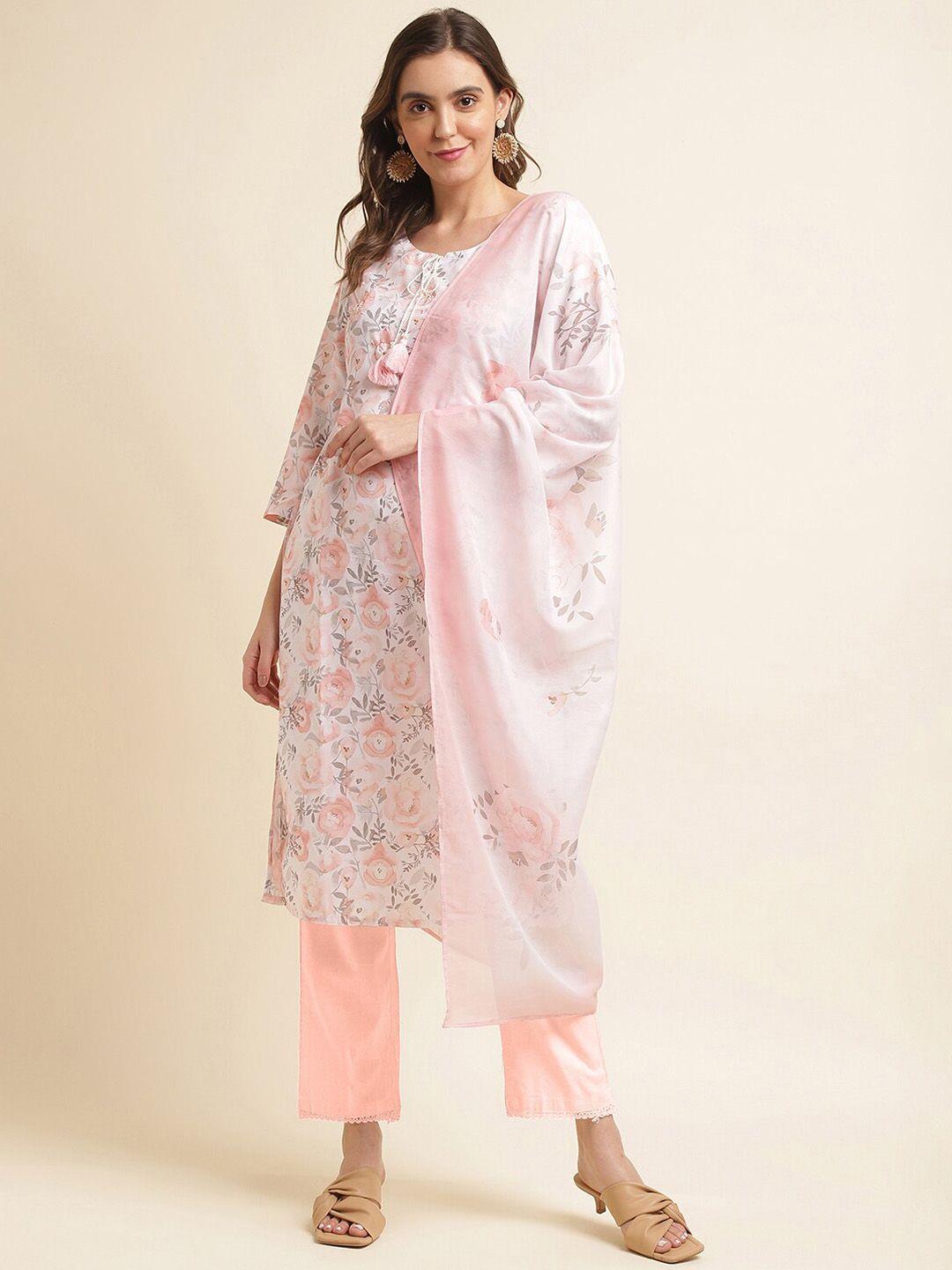 ishin floral printed tie-up neck beads and stones straight kurta with trousers & dupatta