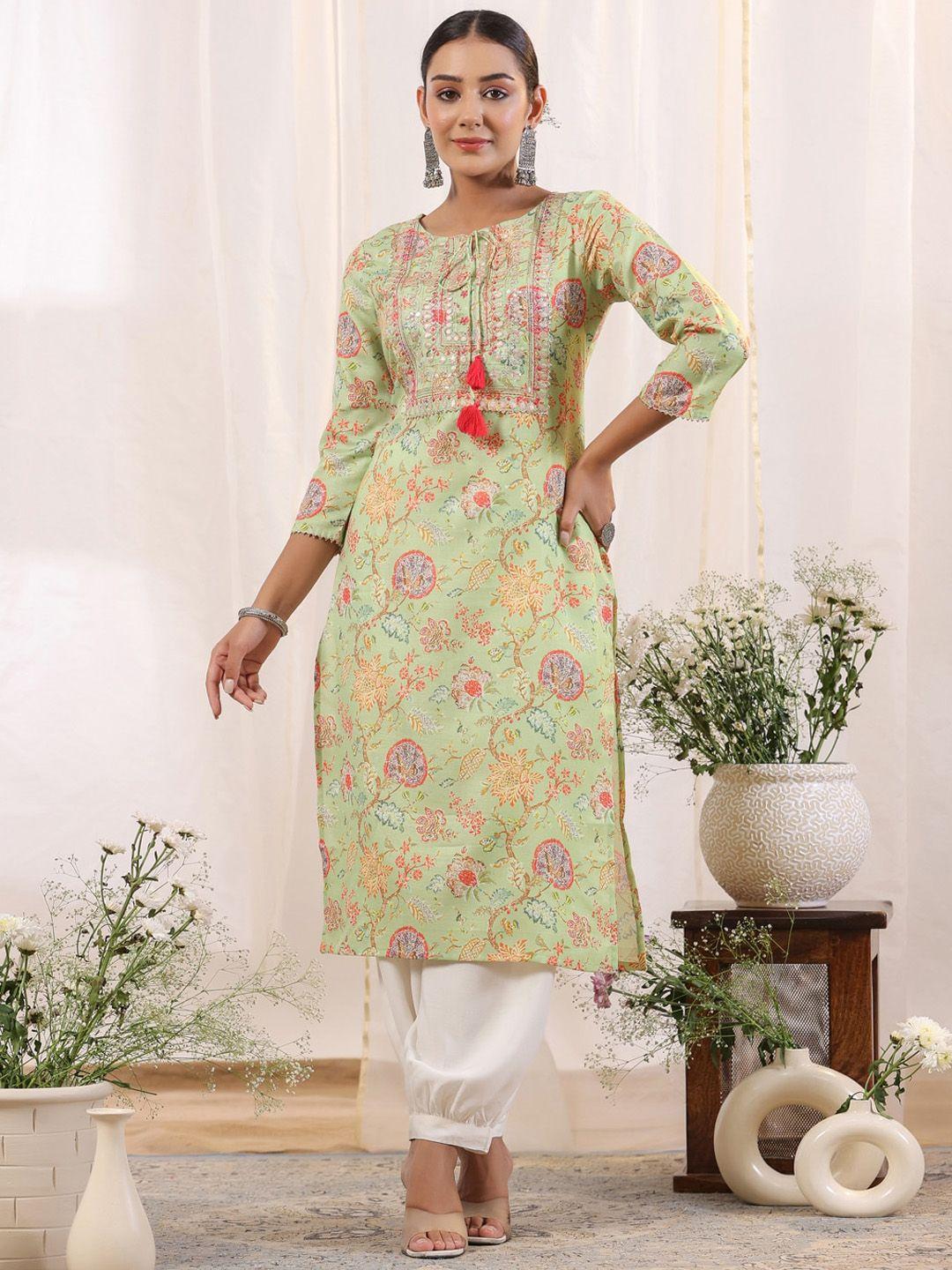 ishin floral printed tie-up neck gotta patti straight kurta