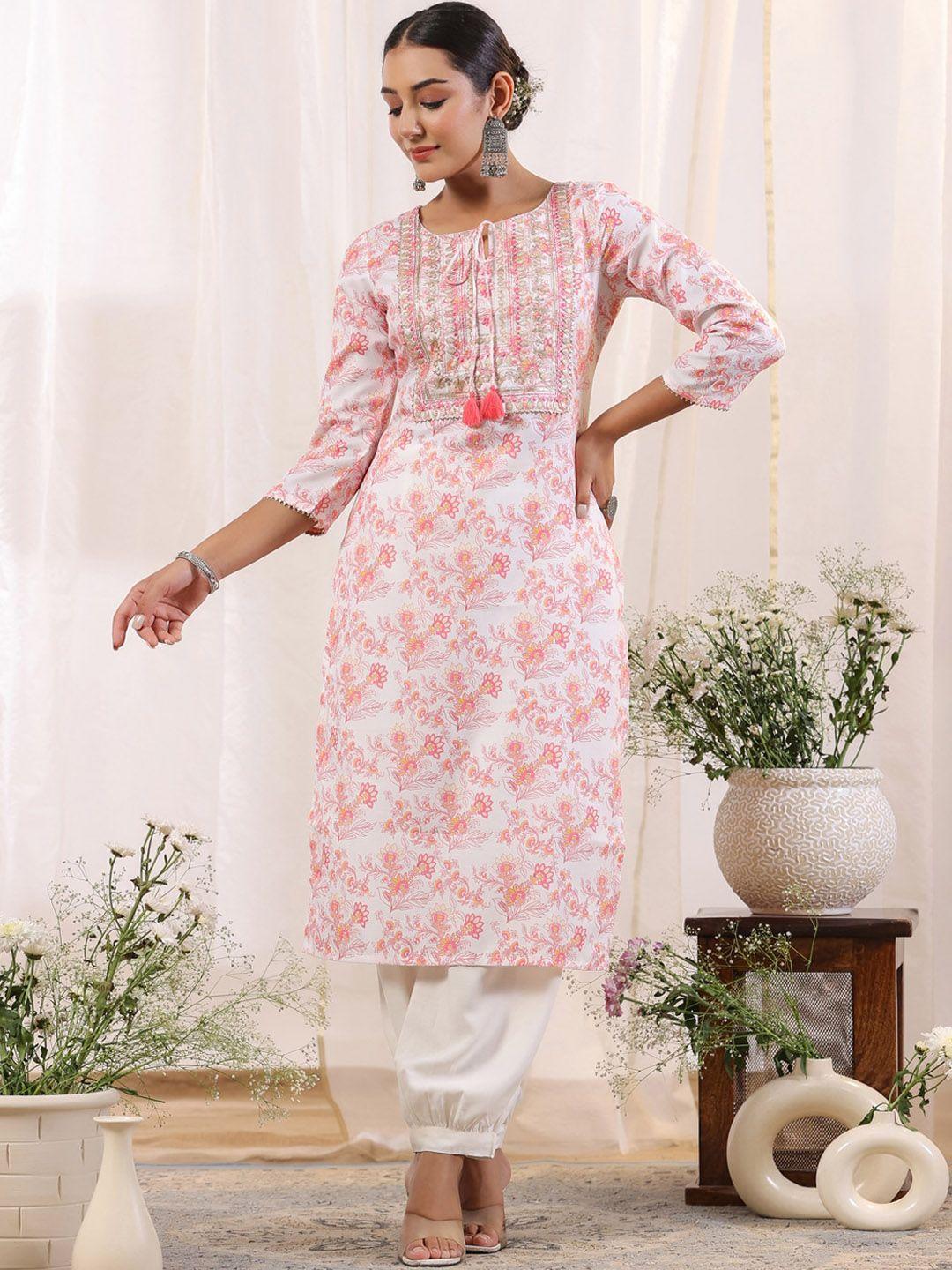 ishin floral printed tie-up neck gotta patti straight regular kurta