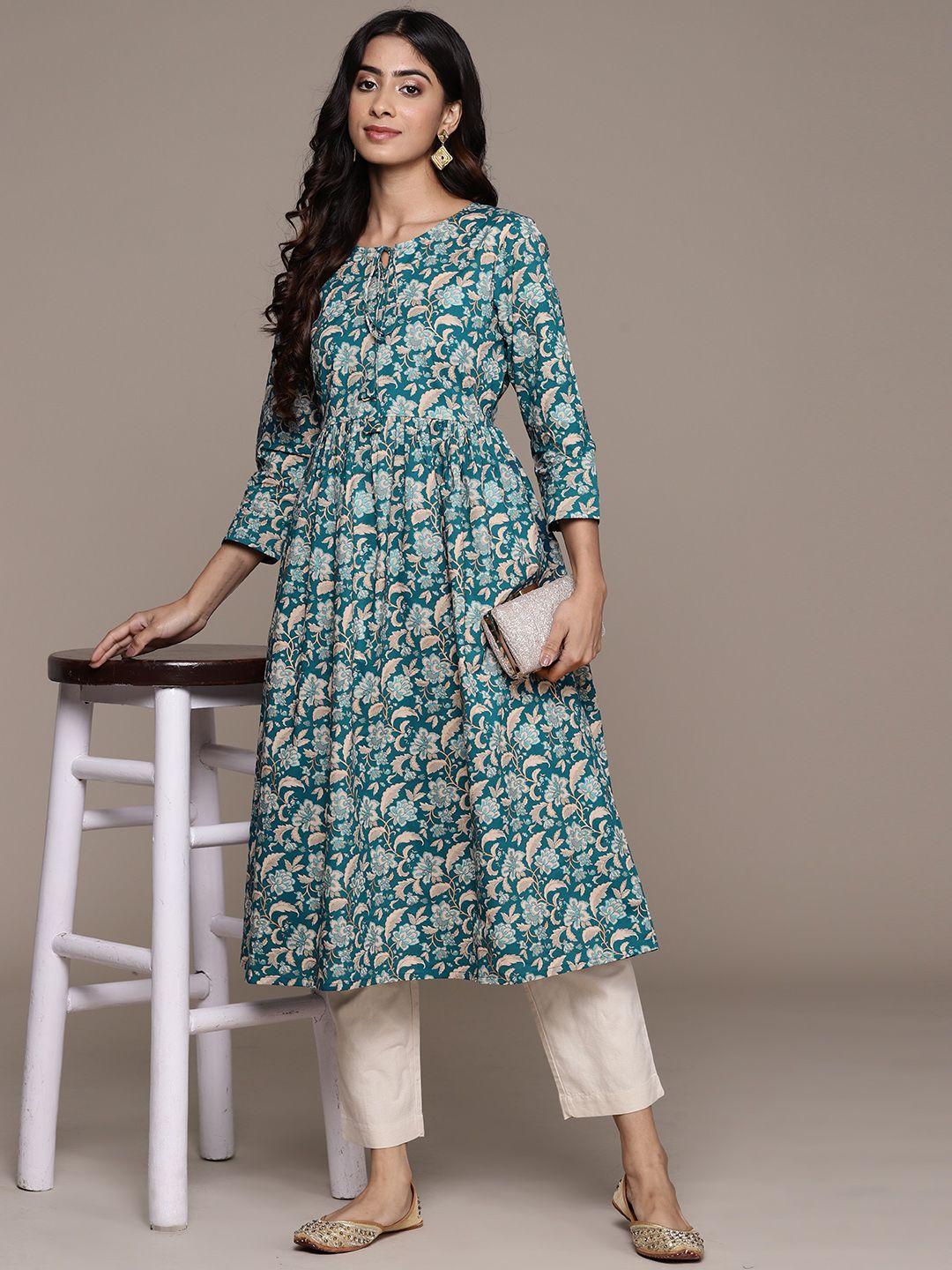 ishin floral printed tie-up neck pure cotton kurta