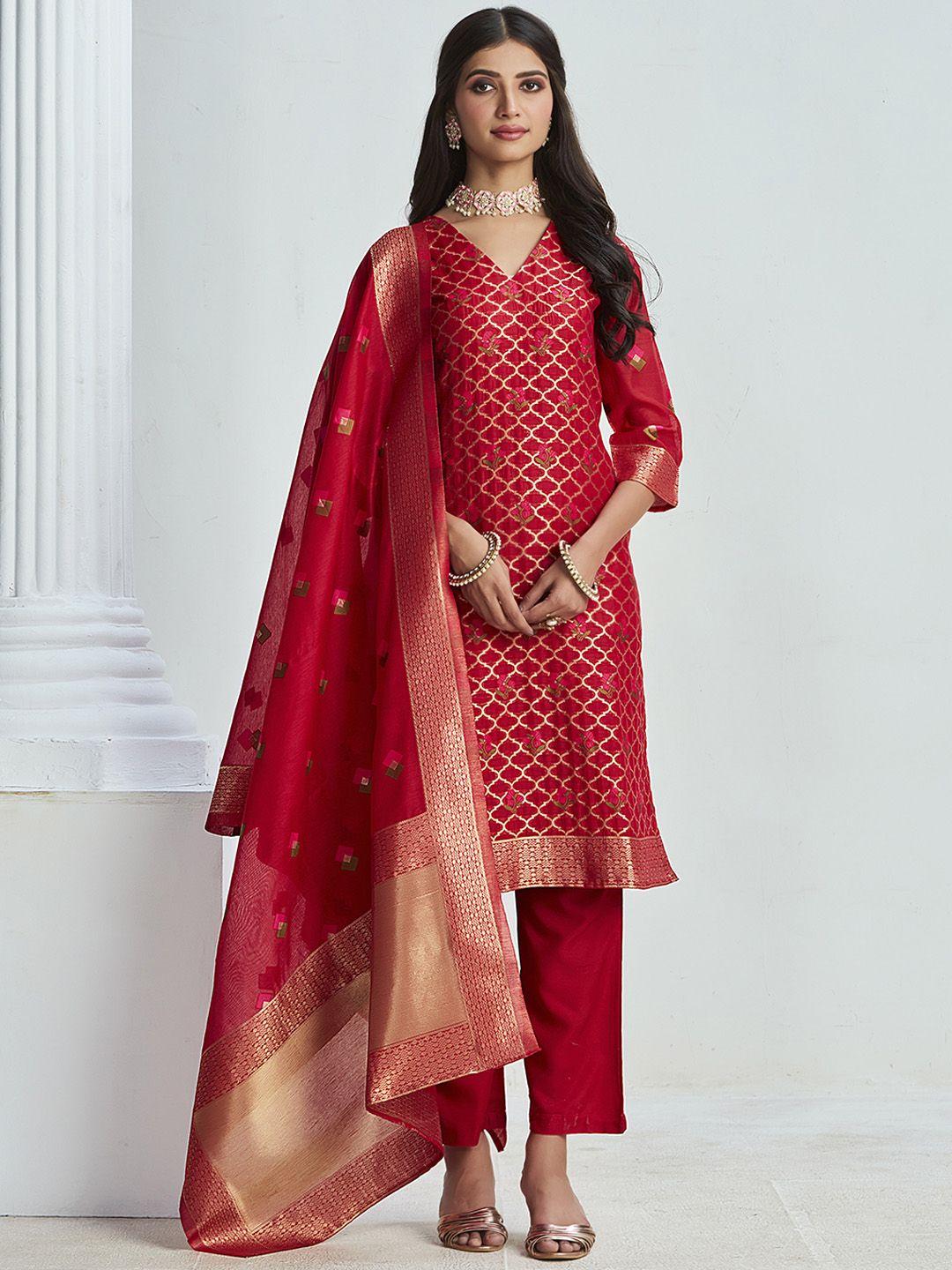 ishin floral regular chanderi silk kurta with trousers & with dupatta