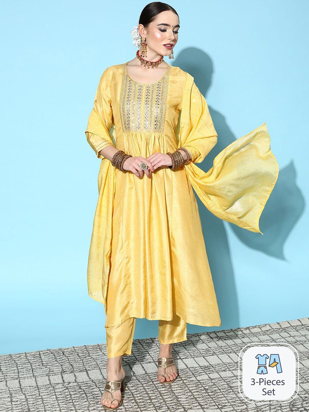 ishin floral yoke design sequinned detail a-line kurta & trouser with dupatta