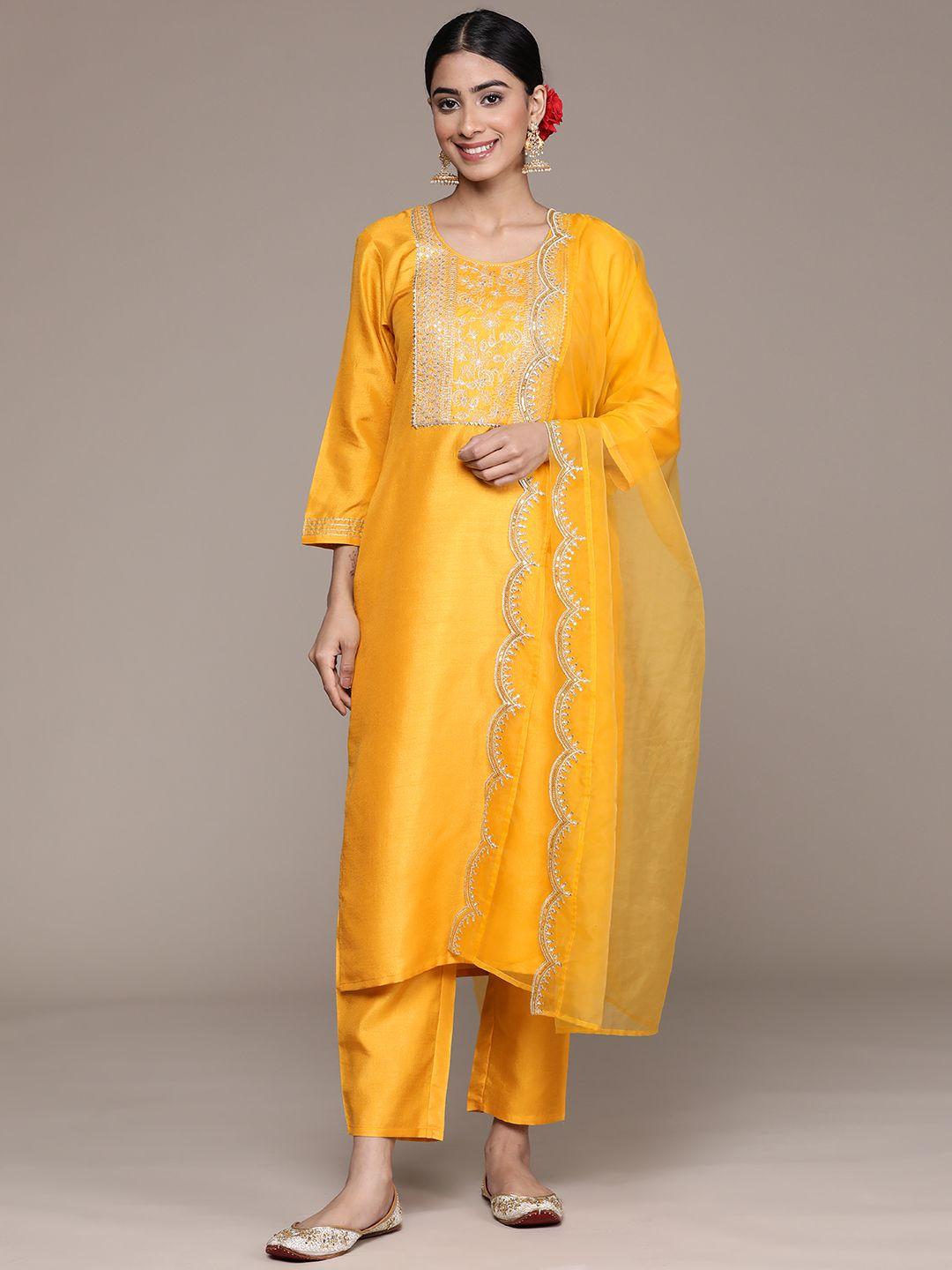 ishin floral zari kurta with trousers & dupatta