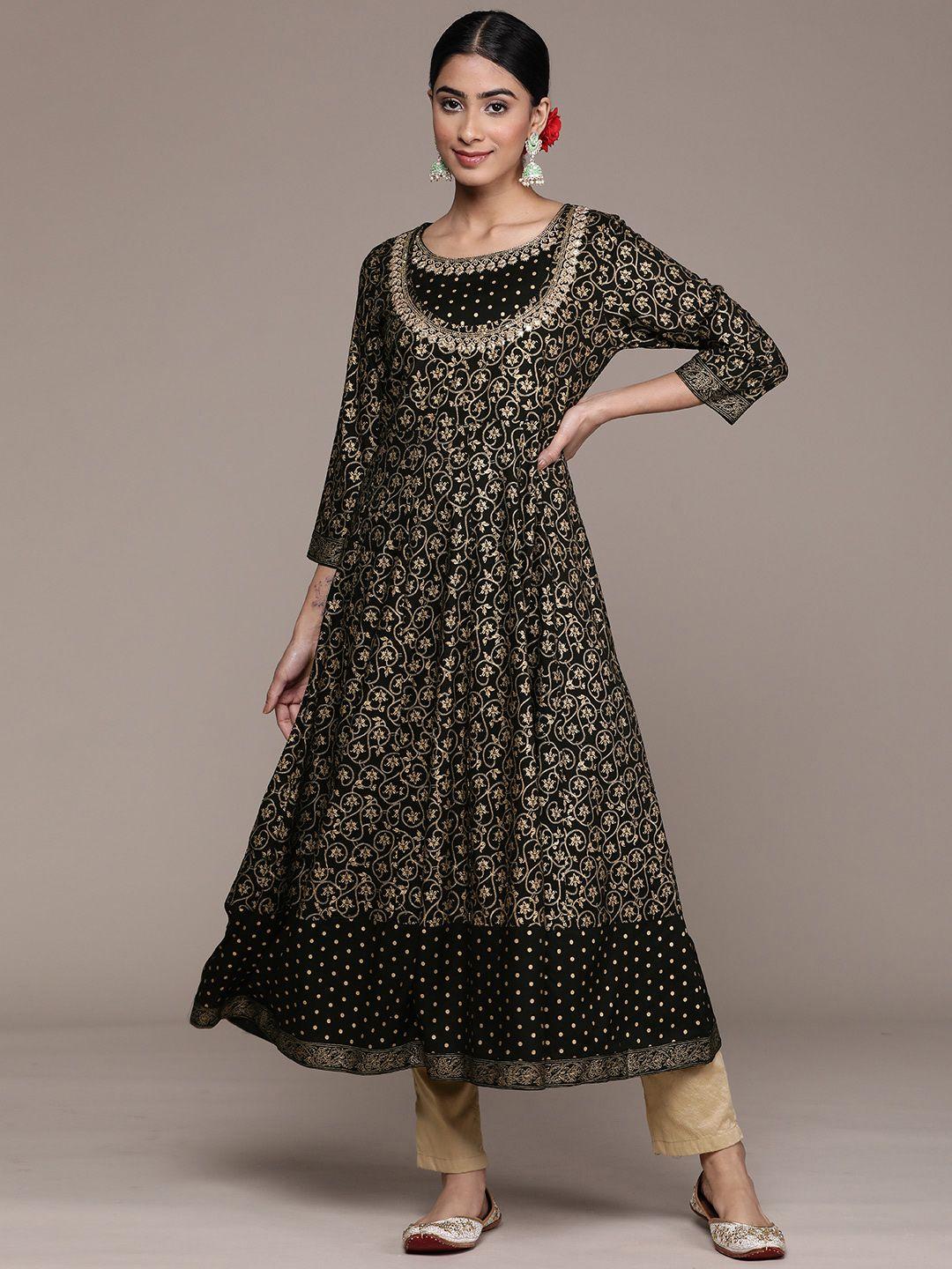 ishin foil print embellished mirror work anarkali kurta