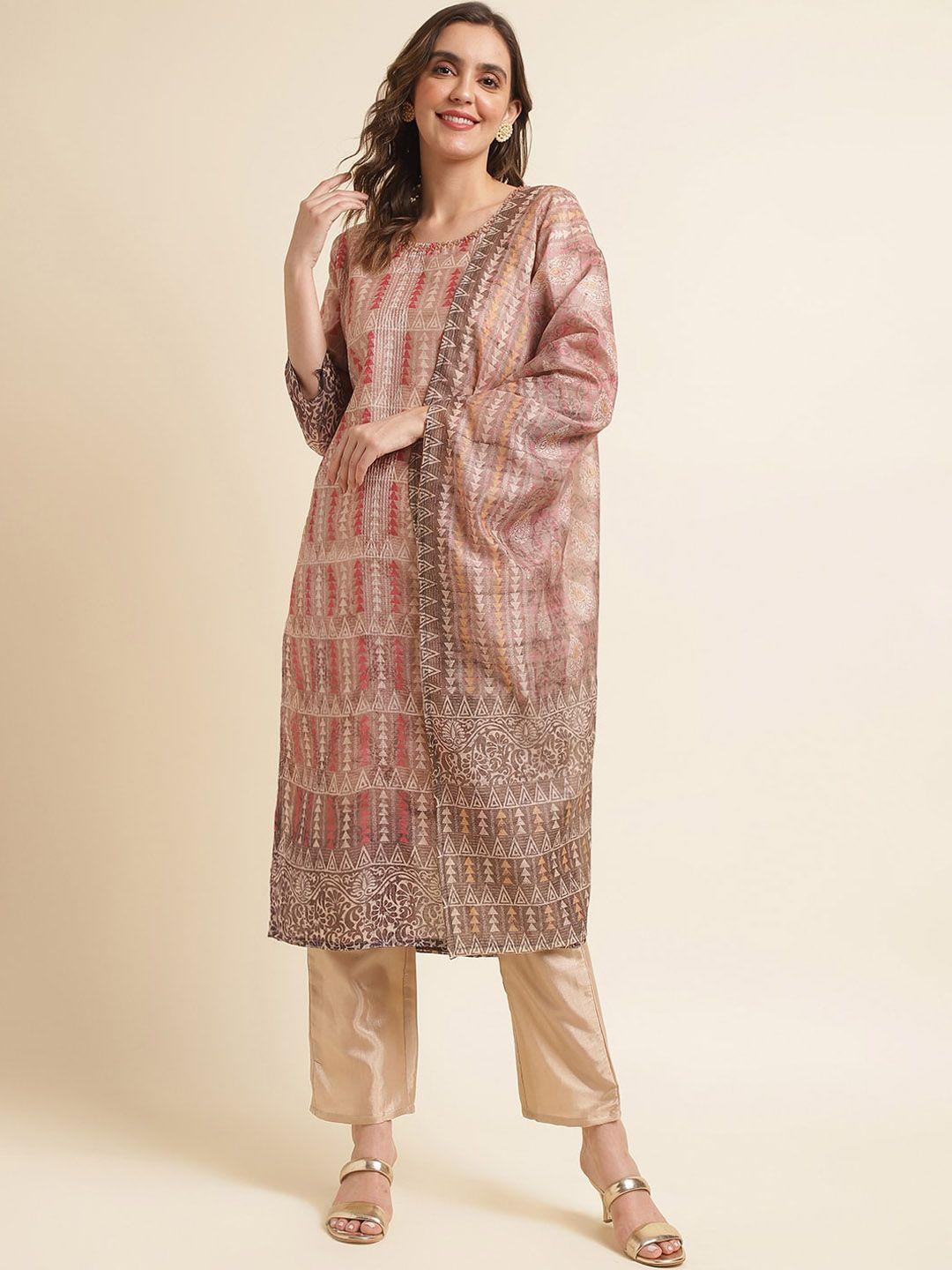 ishin geometric printed beads and stones straight kurta with trousers & dupatta