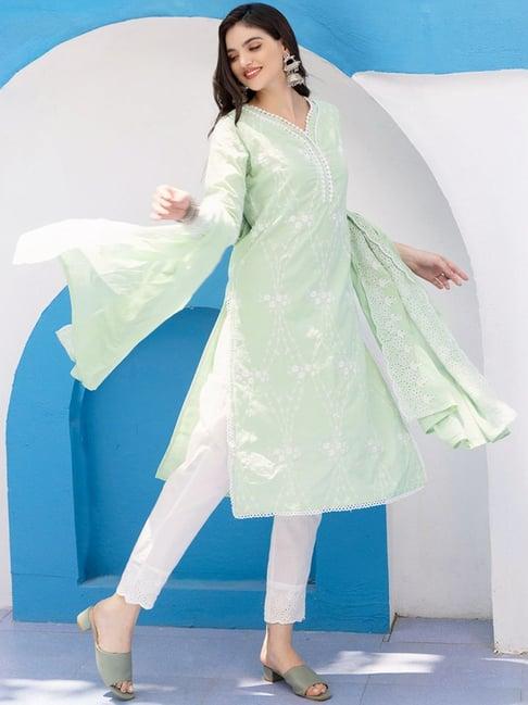 ishin green & white embroidered kurta & pants set with dupatta