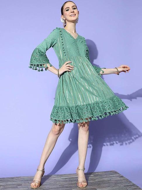 ishin green cotton self pattern a-line dress