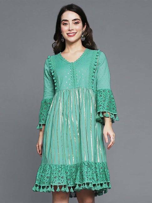 ishin green cotton striped a-line dress