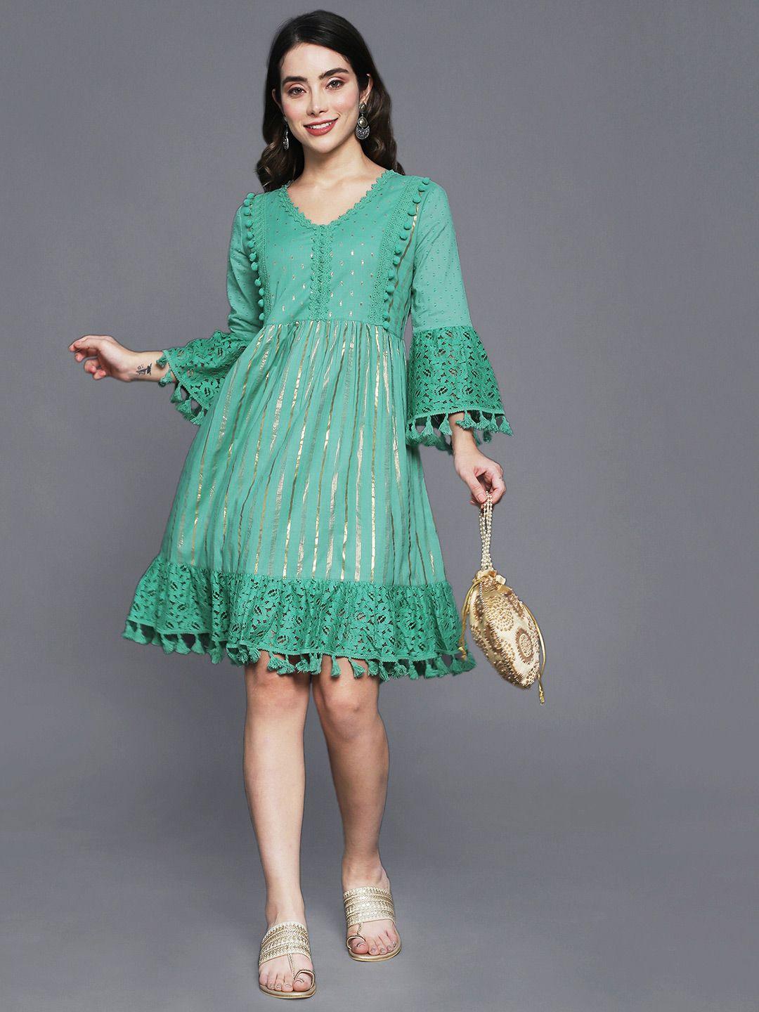 ishin green embellished a-line dress