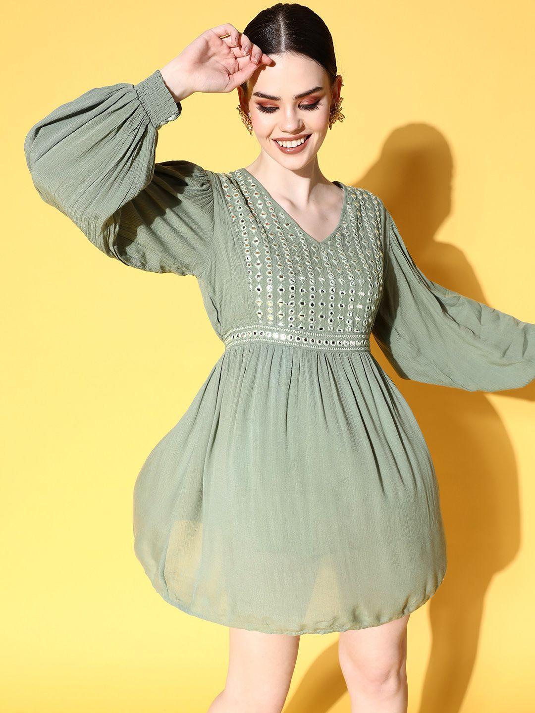 ishin green embellished crepe a-line mini dress