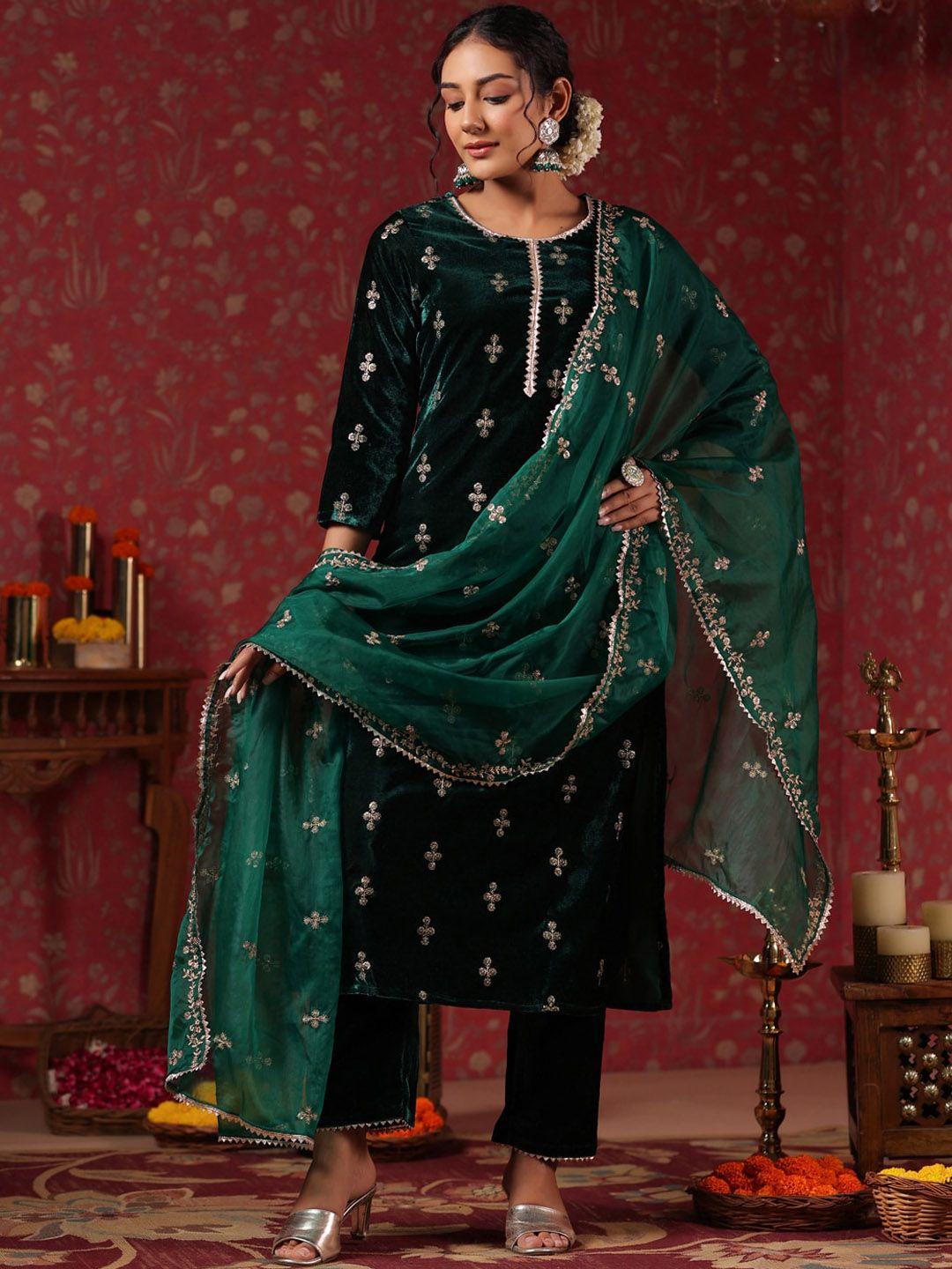 ishin green ethnic motifs embroidered velvet kurta with trousers & dupatta