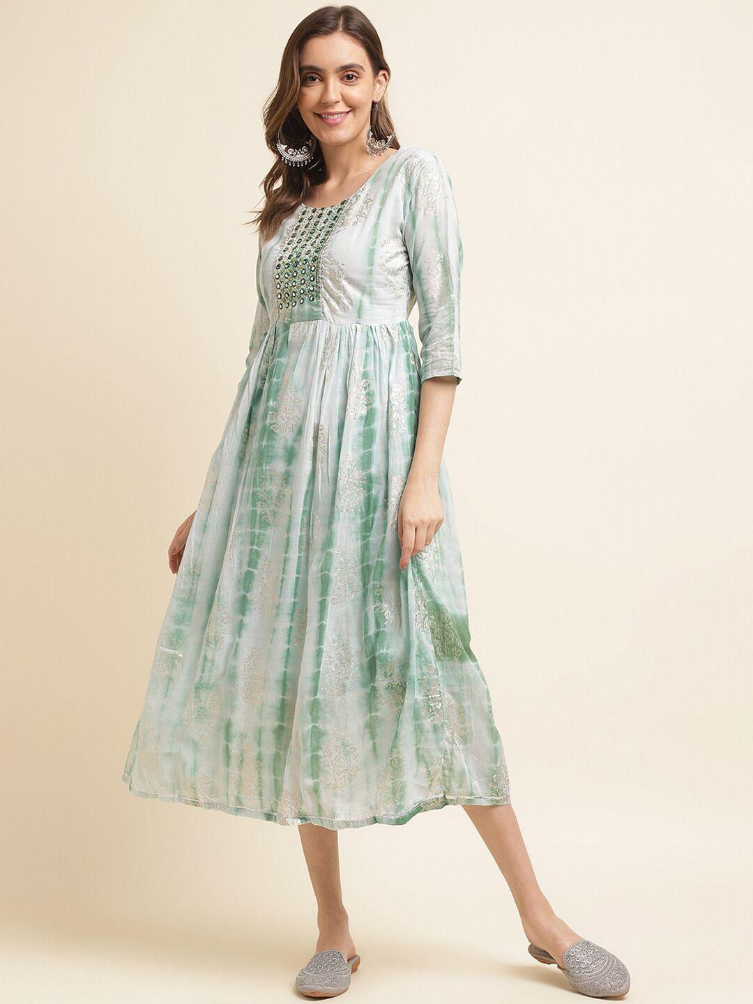 ishin green ethnic motifs print a-line midi dress