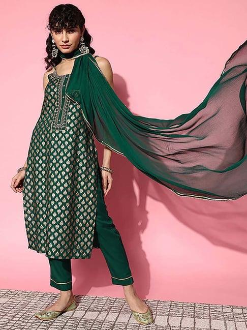 ishin green printed kurta & pant set with dupatta