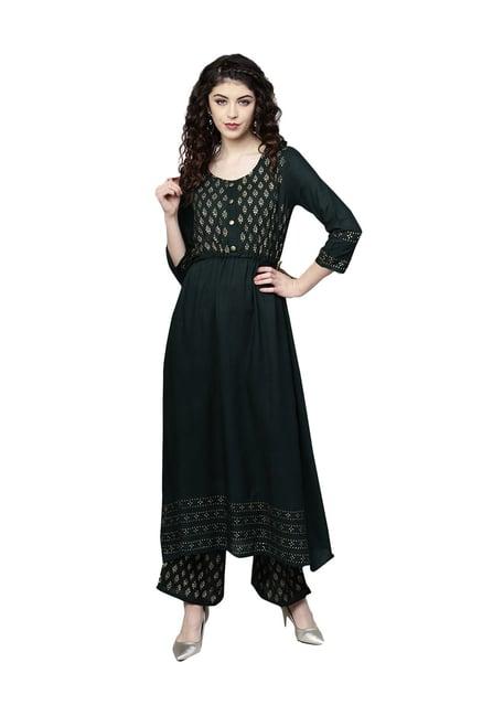 ishin green printed kurti palazzo set