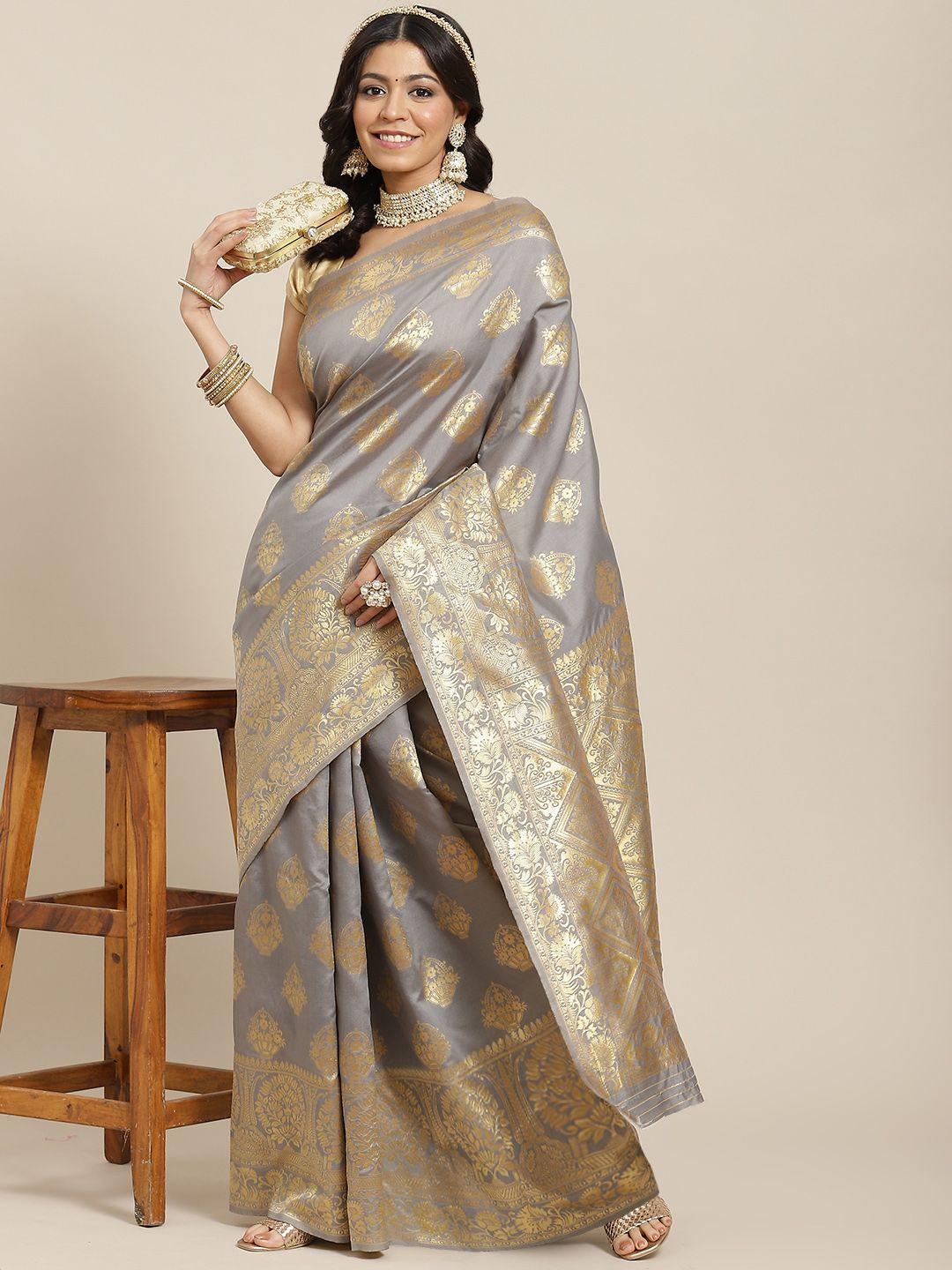 ishin grey & golden ethnic motifs zari art silk banarasi saree