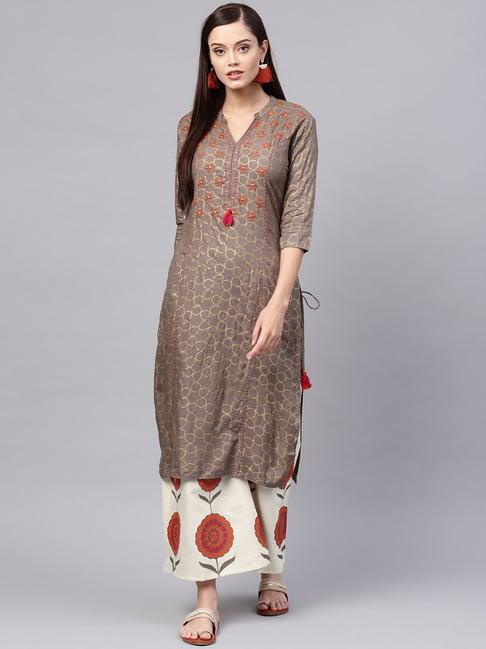 ishin grey & off-white embroidered kurta palazzo set