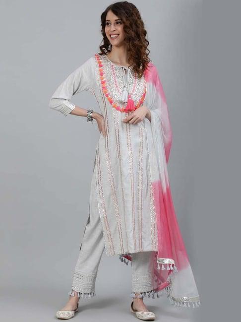 ishin grey embroidered kurta pant set with dupatta