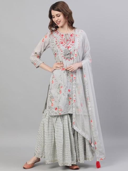 ishin grey embroidered kurta sharara set