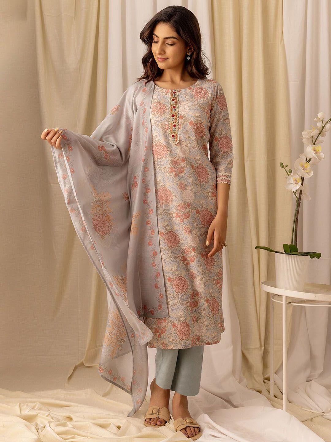 ishin grey floral printed beads & stones linen straight kurta & trousers with dupatta