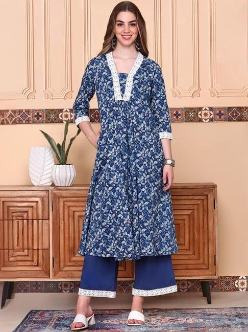 ishin indigo blue floral print kurta & pants set