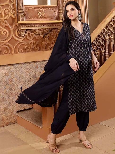 ishin indigo blue printed kurta & pants set with dupatta